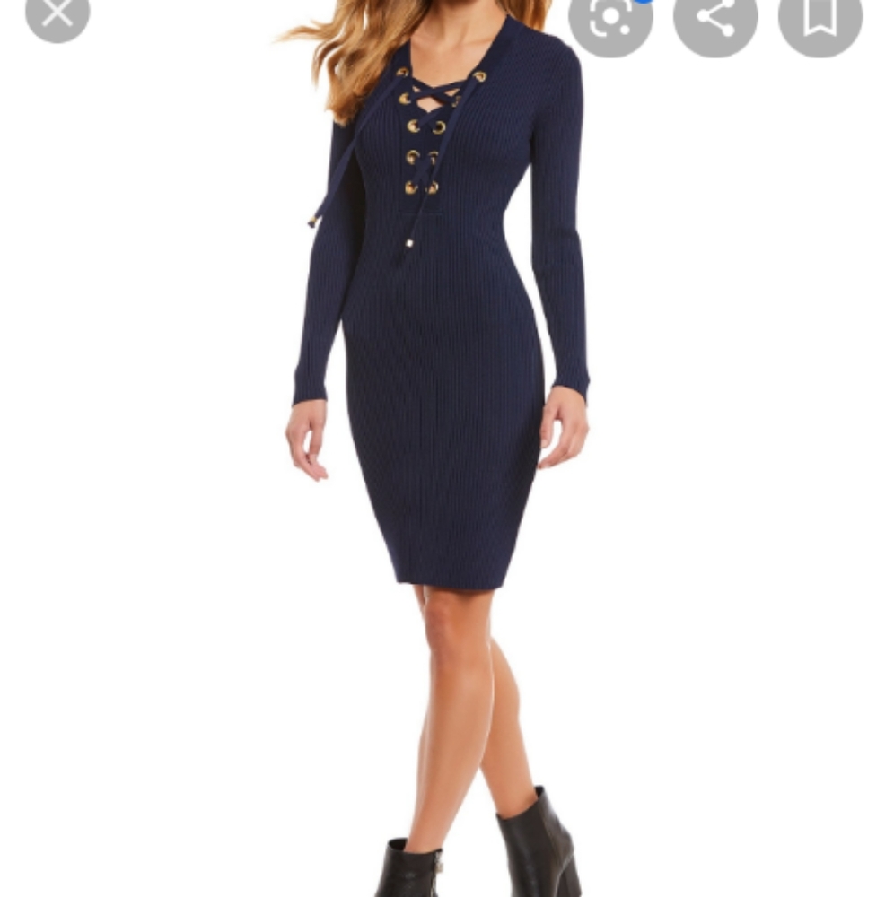 Michael Kors Navy blue Lace up v neck ribbed dress